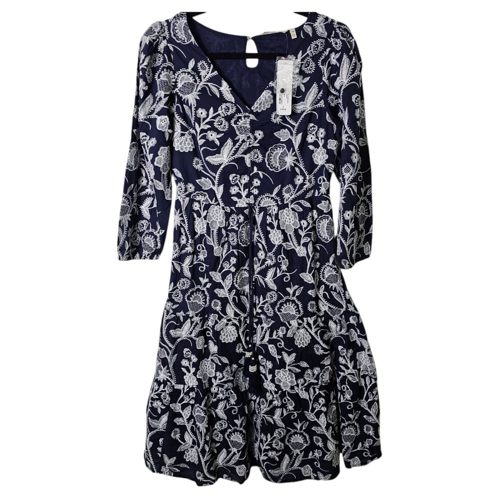 NWT Soft Surroundings 4 Navy Blue Midi Dress All Over‎ Floral Embroidery V-Neck